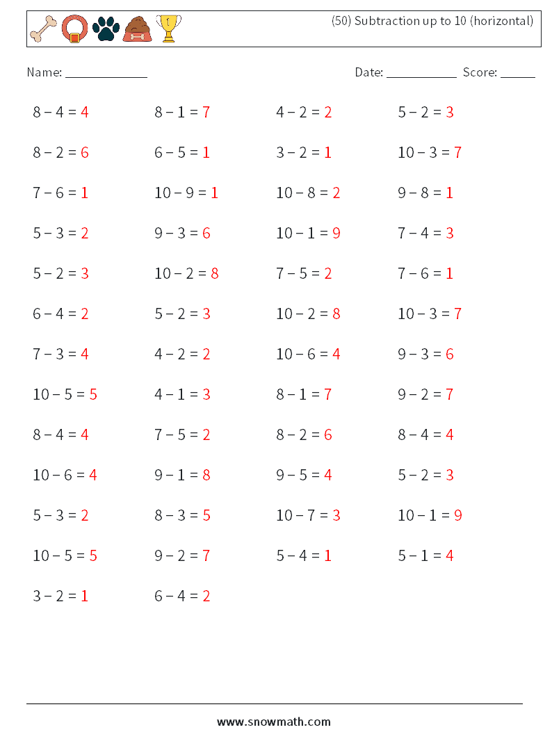 (50) Subtraction up to 10 (horizontal) Math Worksheets 7 Question, Answer