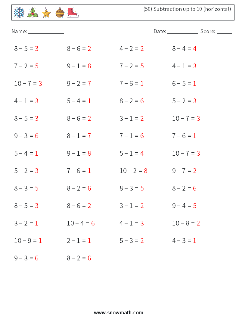 (50) Subtraction up to 10 (horizontal) Math Worksheets 8 Question, Answer