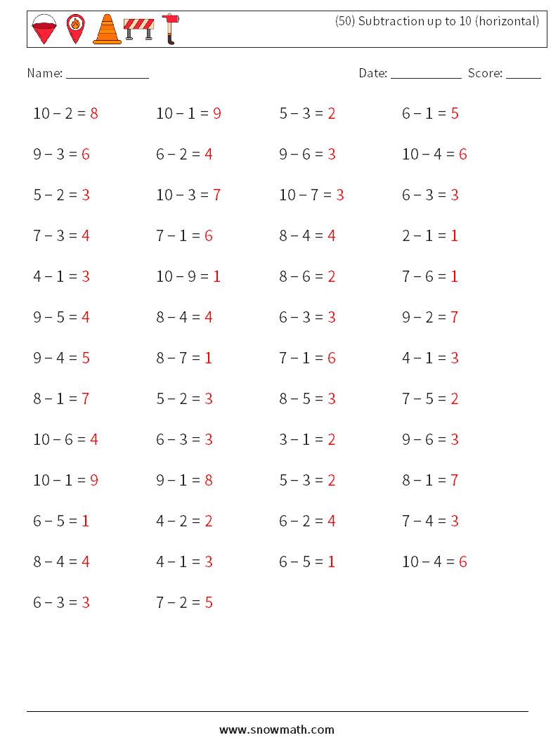 (50) Subtraction up to 10 (horizontal) Math Worksheets 9 Question, Answer