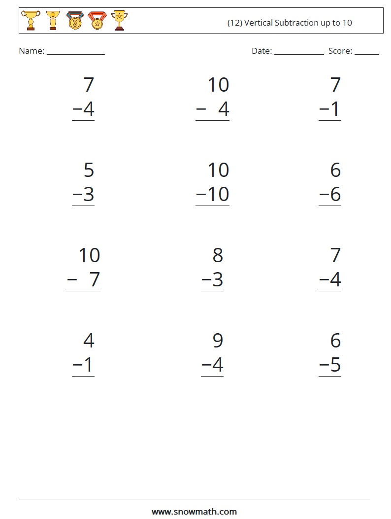 (12) Vertical Subtraction up to 10 Math Worksheets 1