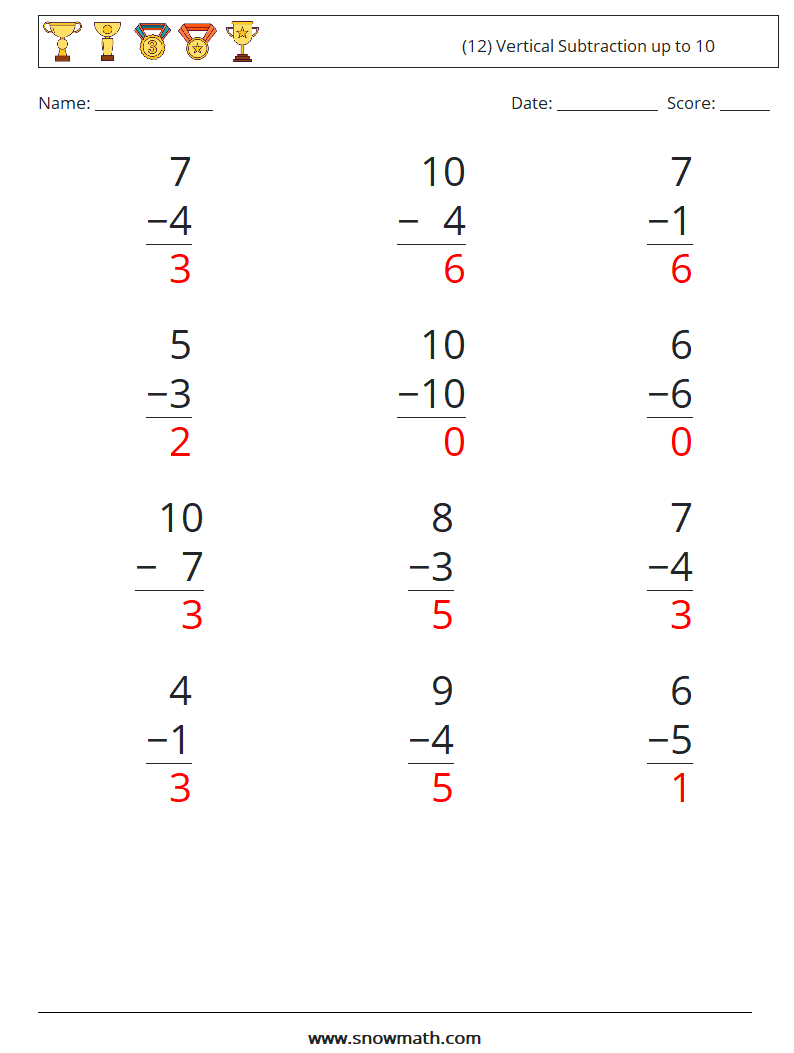 (12) Vertical Subtraction up to 10 Math Worksheets 1 Question, Answer