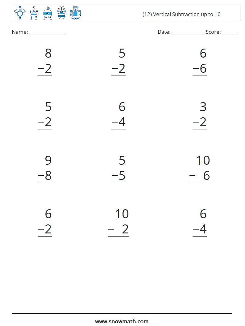 (12) Vertical Subtraction up to 10 Math Worksheets 2