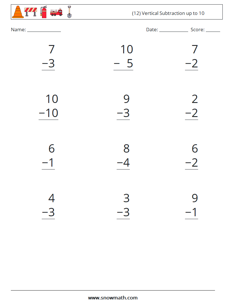 (12) Vertical Subtraction up to 10 Math Worksheets 3