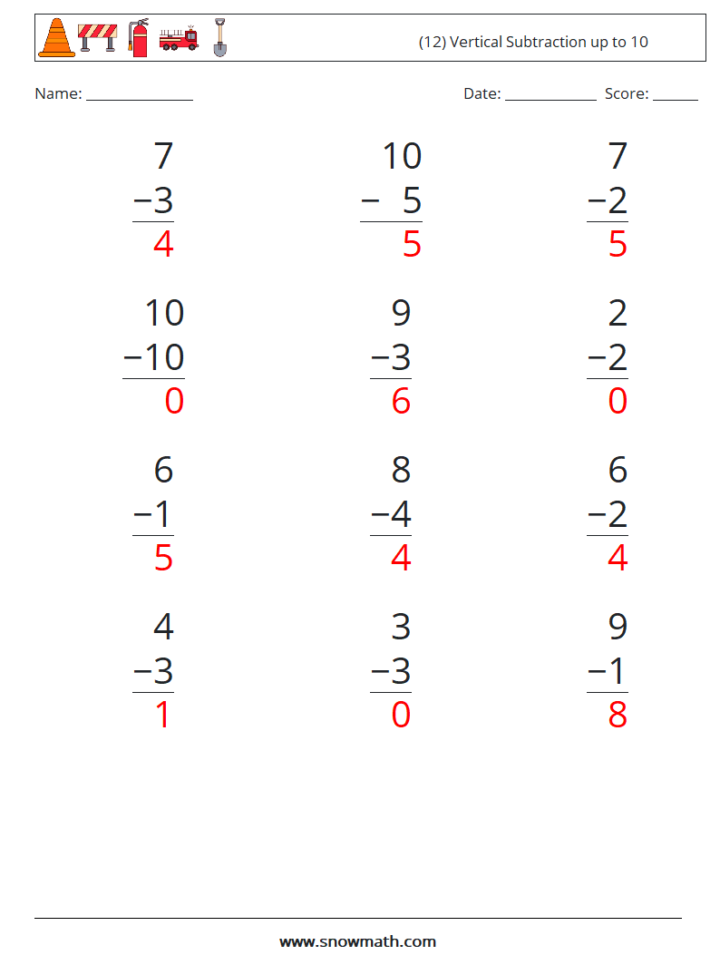 (12) Vertical Subtraction up to 10 Math Worksheets 3 Question, Answer