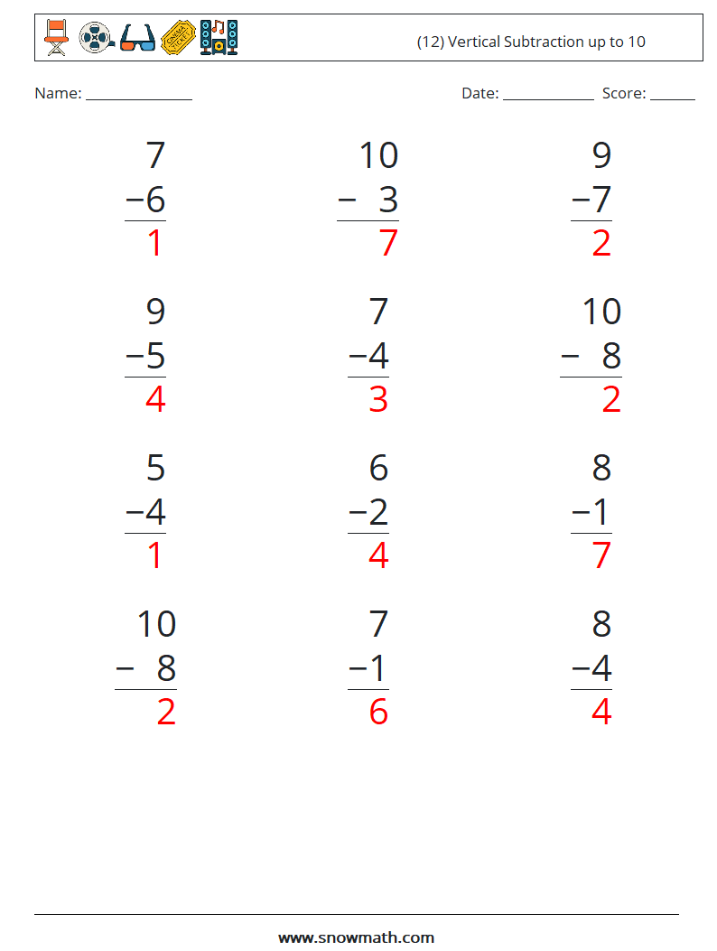 (12) Vertical Subtraction up to 10 Math Worksheets 4 Question, Answer