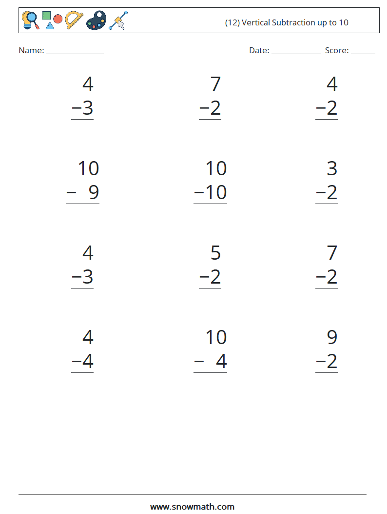 (12) Vertical Subtraction up to 10 Math Worksheets 5