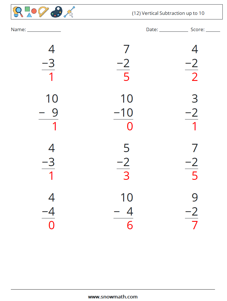 (12) Vertical Subtraction up to 10 Math Worksheets 5 Question, Answer