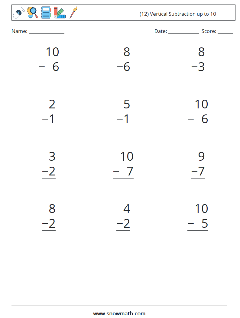 (12) Vertical Subtraction up to 10 Math Worksheets 7