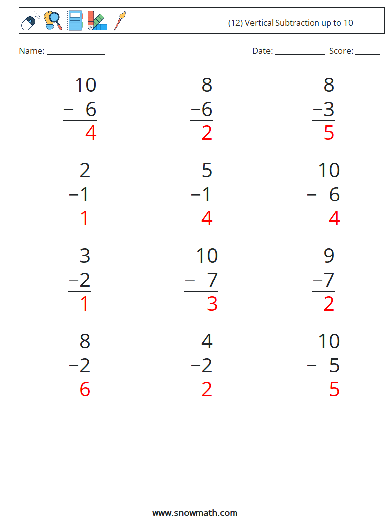 (12) Vertical Subtraction up to 10 Math Worksheets 7 Question, Answer