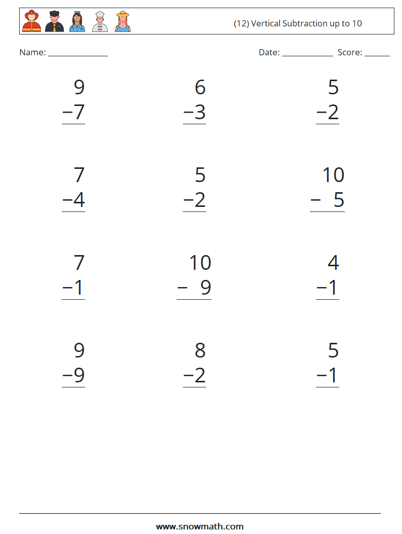 (12) Vertical Subtraction up to 10 Maths Worksheets 9