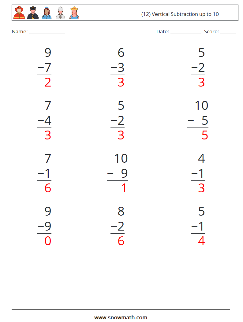 (12) Vertical Subtraction up to 10 Math Worksheets 9 Question, Answer