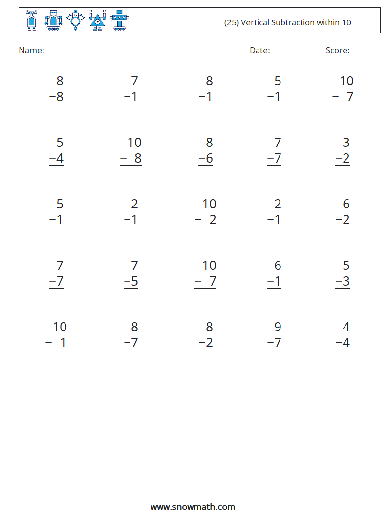 (25) Vertical Subtraction within 10