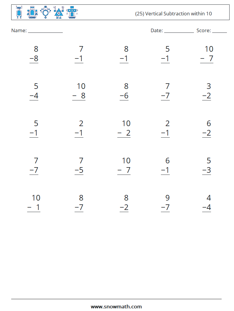 (25) Vertical Subtraction within 10 Math Worksheets 1