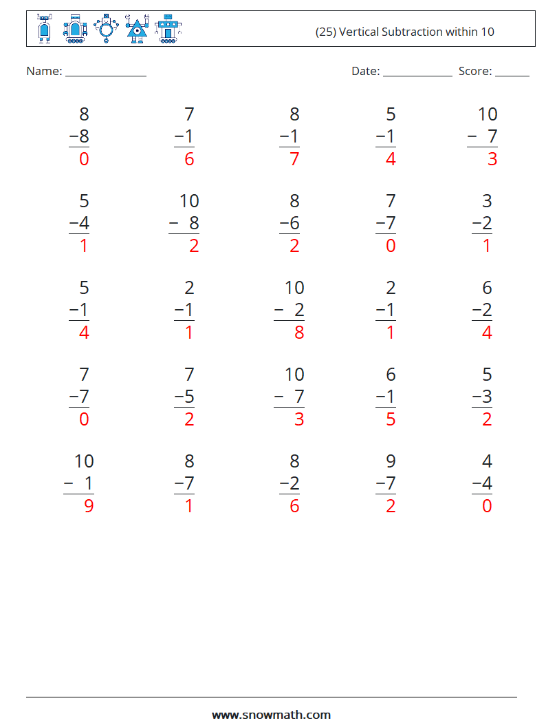 (25) Vertical Subtraction within 10 Math Worksheets 1 Question, Answer