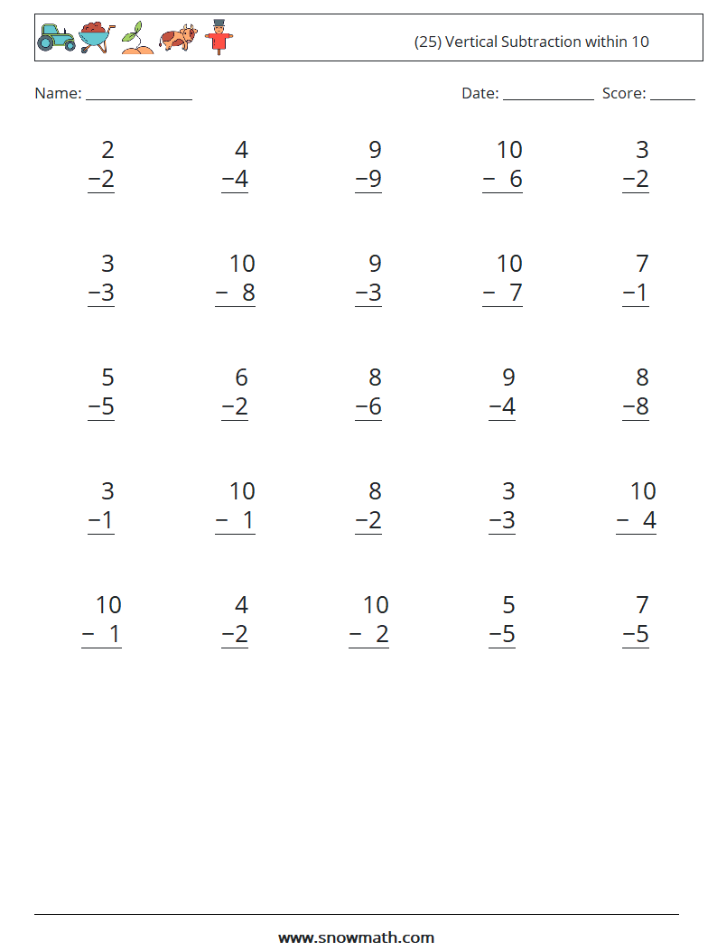 (25) Vertical Subtraction within 10 Math Worksheets 2