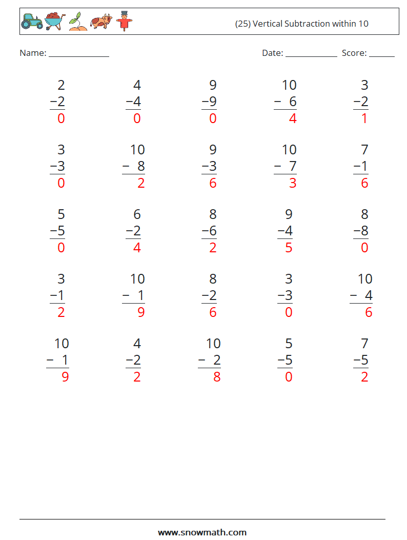 (25) Vertical Subtraction within 10 Math Worksheets 2 Question, Answer