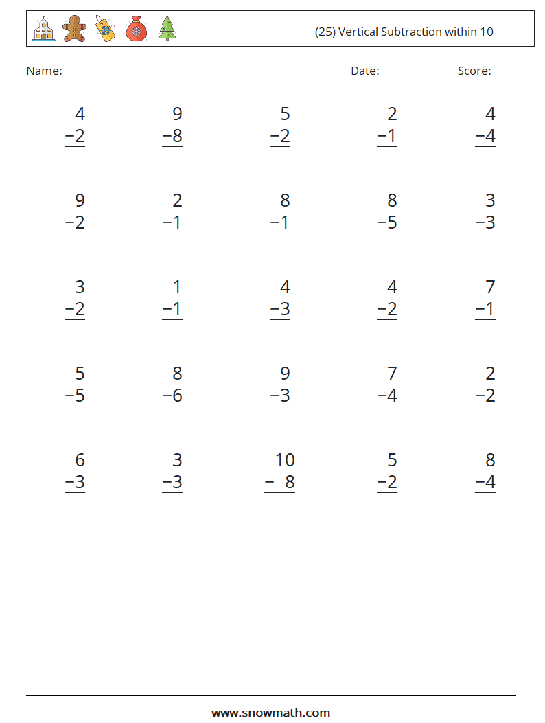 (25) Vertical Subtraction within 10 Maths Worksheets 3