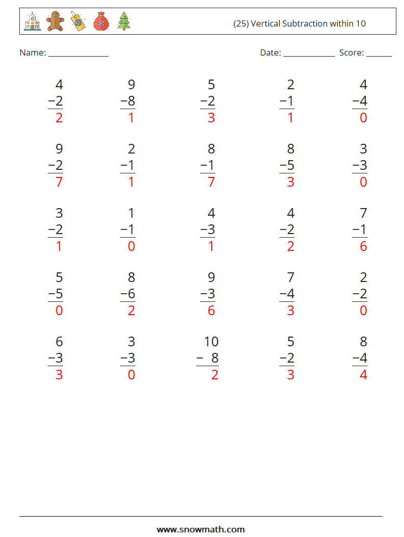 (25) Vertical Subtraction within 10 Math Worksheets 3 Question, Answer