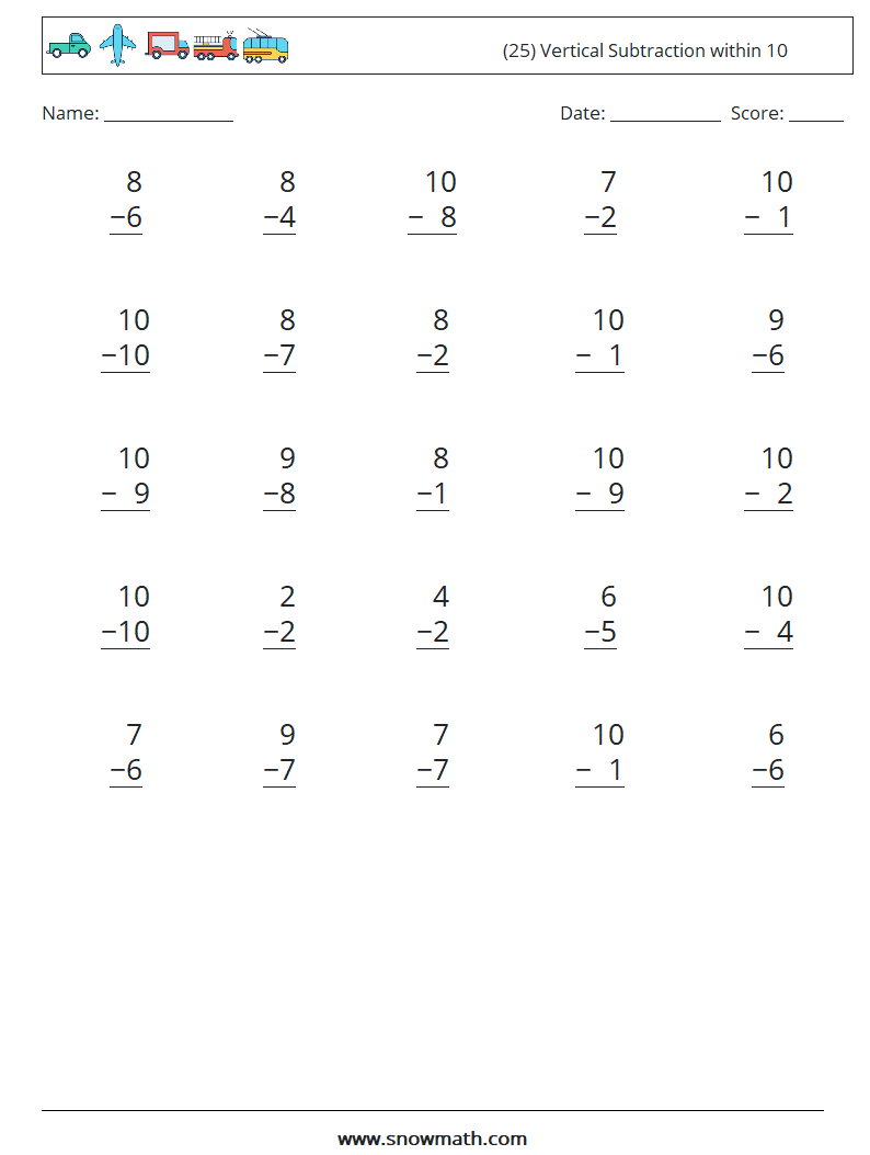 (25) Vertical Subtraction within 10 Maths Worksheets 4