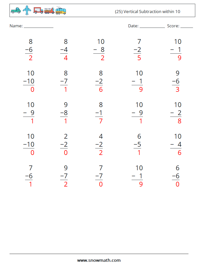 (25) Vertical Subtraction within 10 Math Worksheets 4 Question, Answer