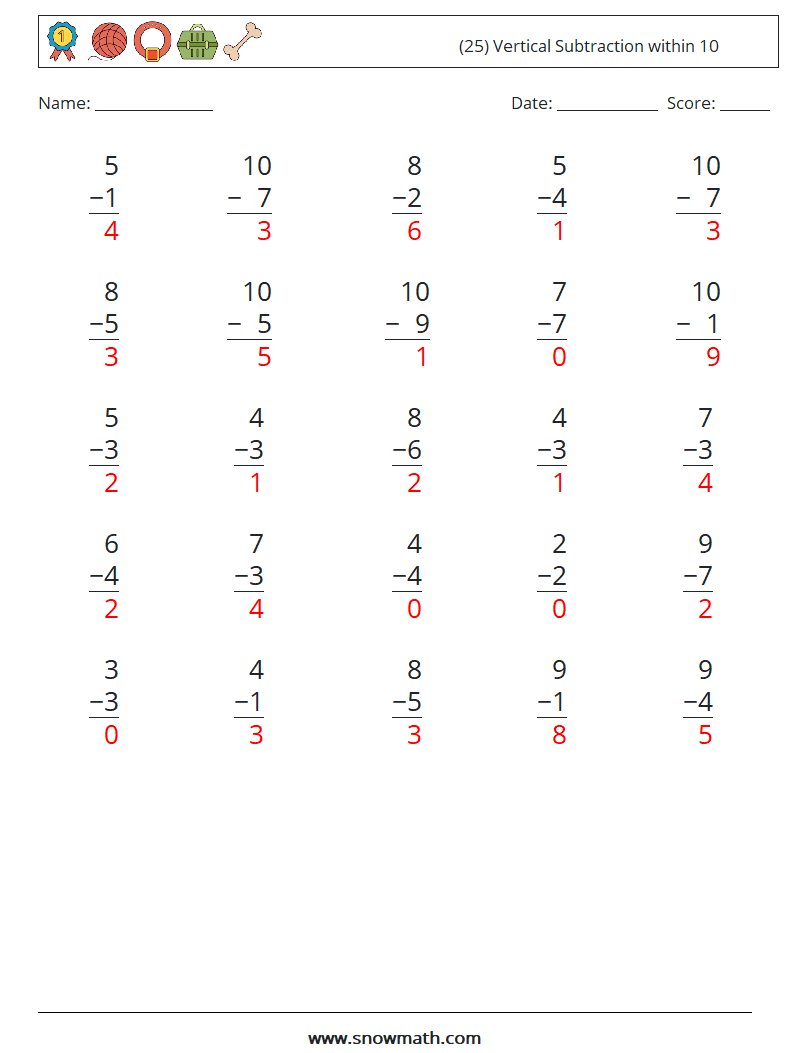 (25) Vertical Subtraction within 10 Math Worksheets 6 Question, Answer