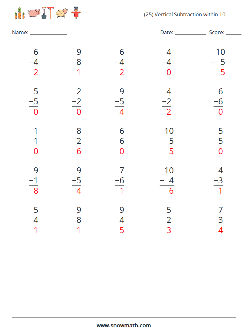 (25) Vertical Subtraction within 10 Math Worksheets 7 Question, Answer