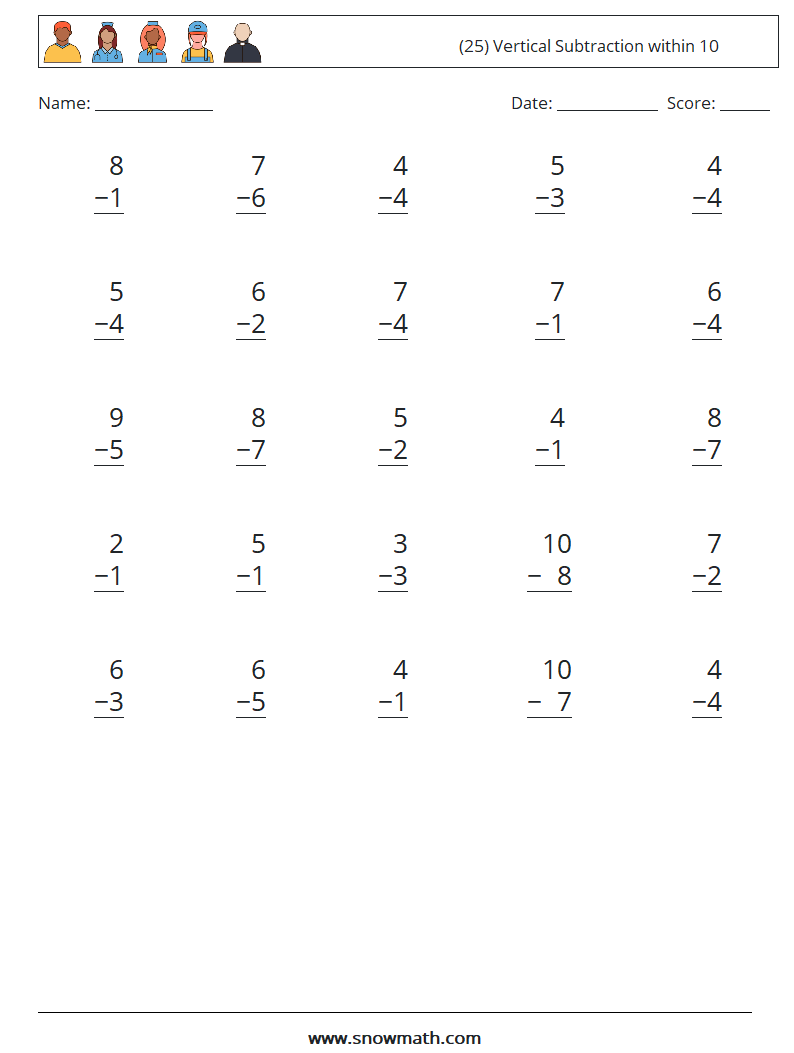 (25) Vertical Subtraction within 10 Math Worksheets 8