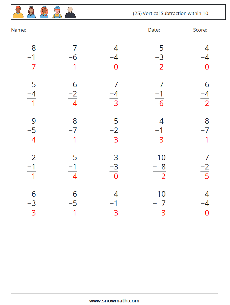 (25) Vertical Subtraction within 10 Math Worksheets 8 Question, Answer