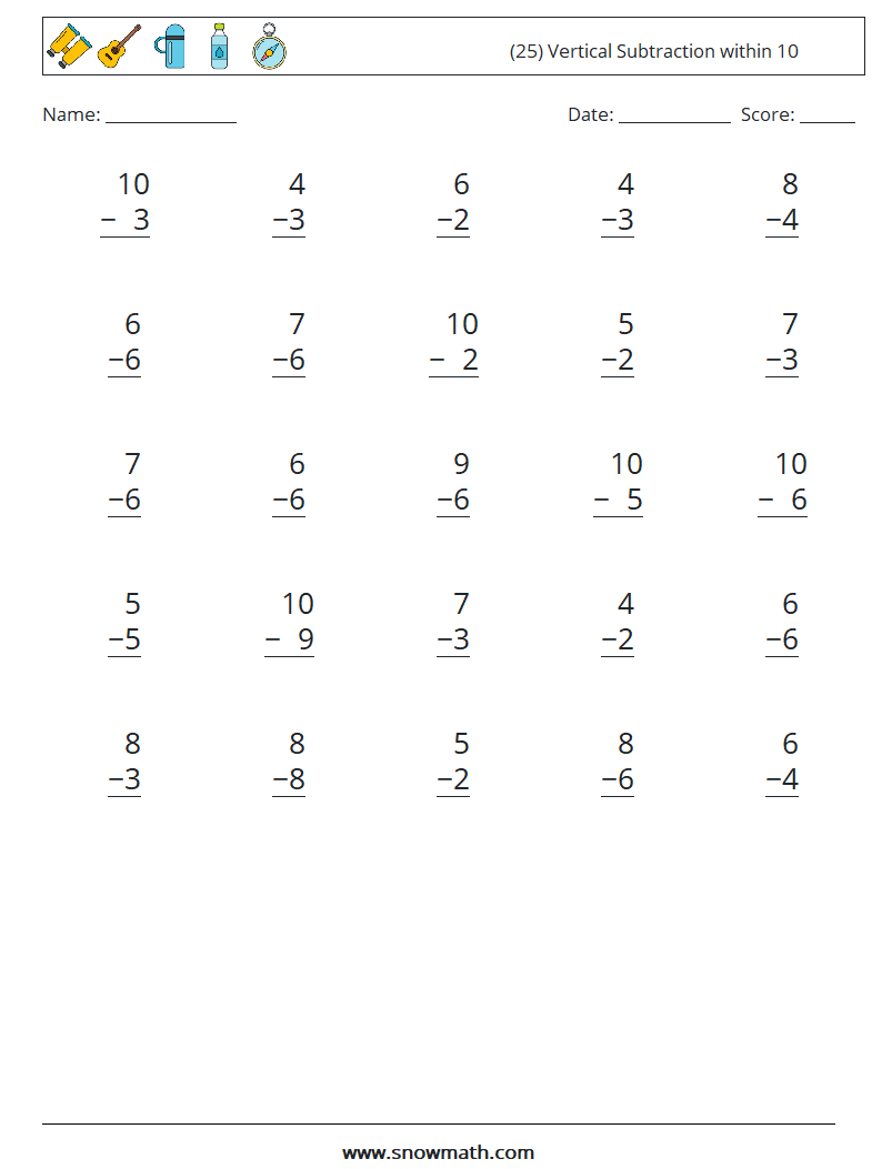 (25) Vertical Subtraction within 10 Math Worksheets 9