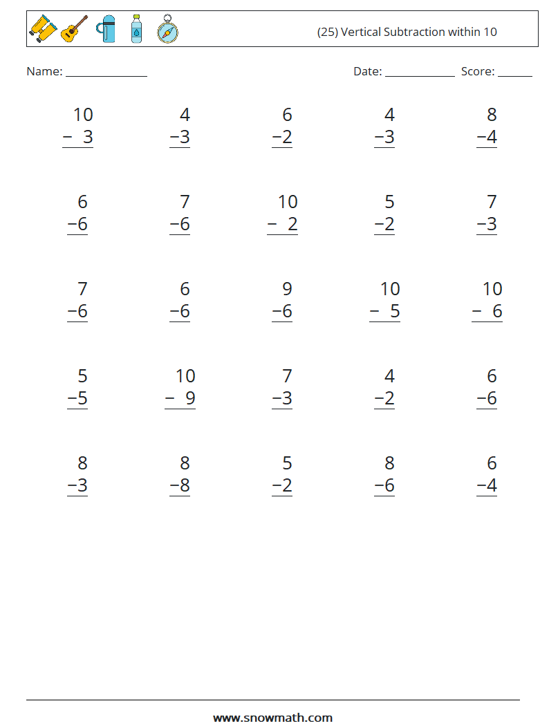 (25) Vertical Subtraction within 10 Maths Worksheets 9