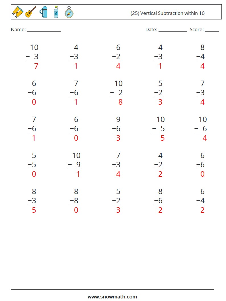 (25) Vertical Subtraction within 10 Math Worksheets 9 Question, Answer