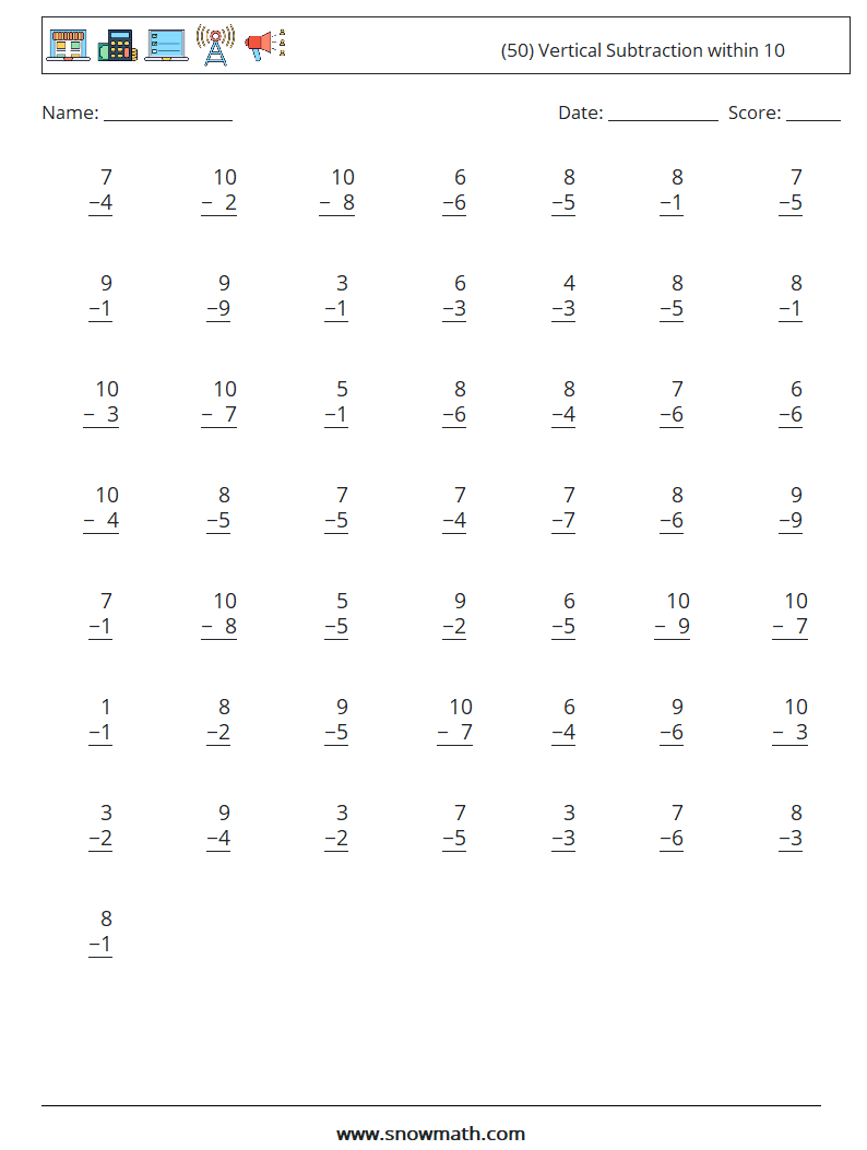 (50) Vertical Subtraction within 10 Maths Worksheets 1