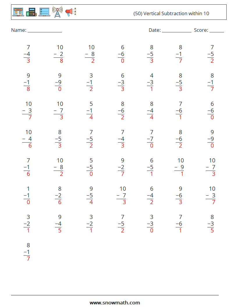 (50) Vertical Subtraction within 10 Math Worksheets 1 Question, Answer