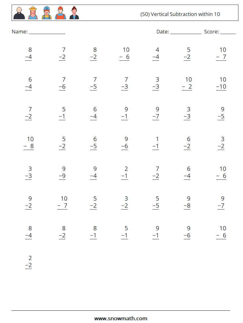 (50) Vertical Subtraction within 10 Math Worksheets 2
