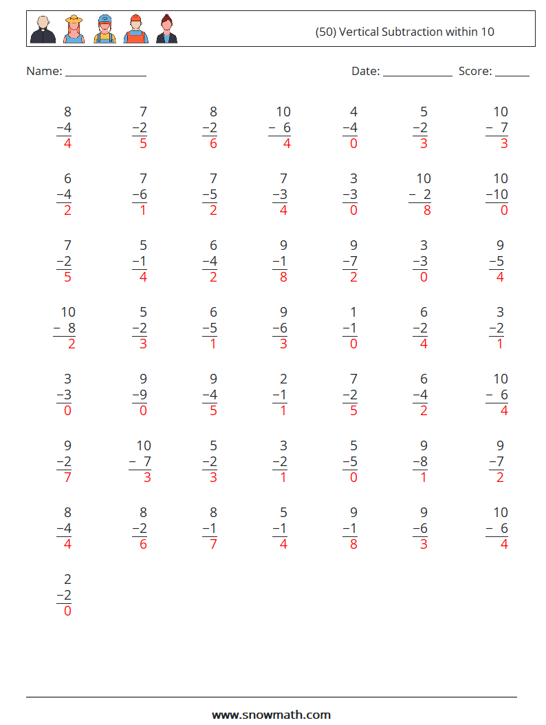 (50) Vertical Subtraction within 10 Math Worksheets 2 Question, Answer