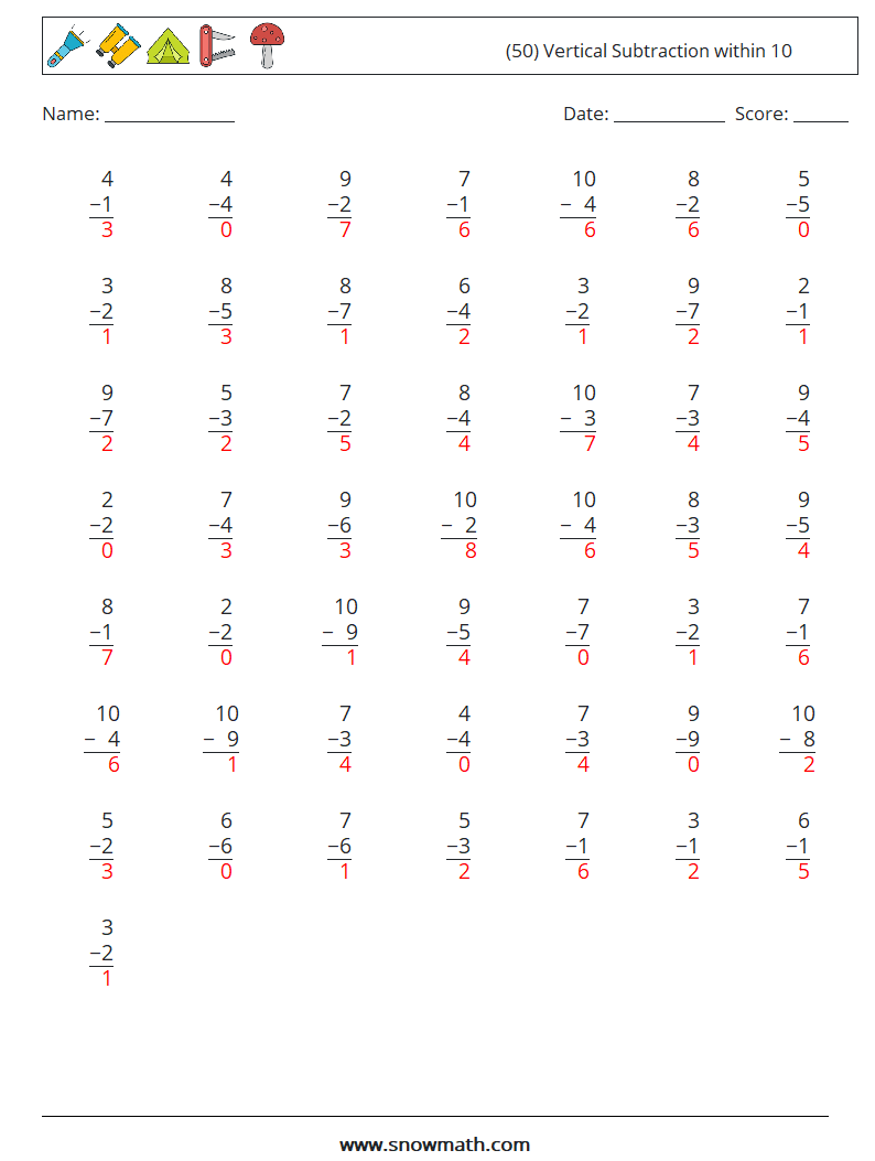 (50) Vertical Subtraction within 10 Math Worksheets 3 Question, Answer