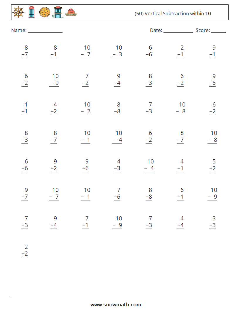 (50) Vertical Subtraction within 10 Maths Worksheets 4