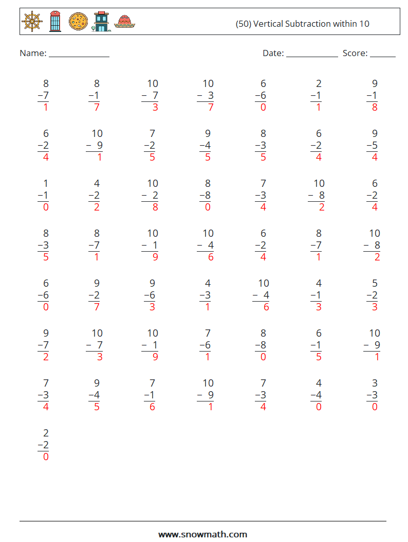 (50) Vertical Subtraction within 10 Math Worksheets 4 Question, Answer