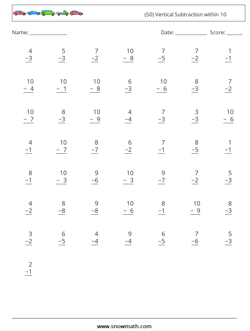(50) Vertical Subtraction within 10 Math Worksheets 5