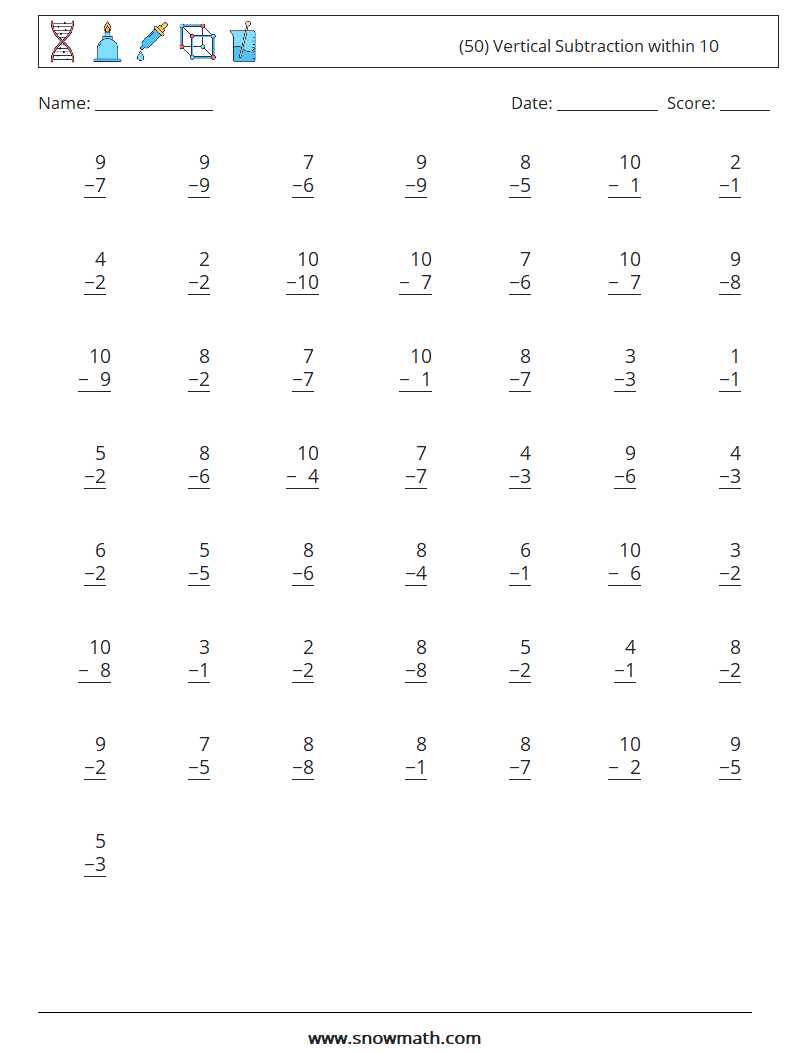 (50) Vertical Subtraction within 10 Math Worksheets 6