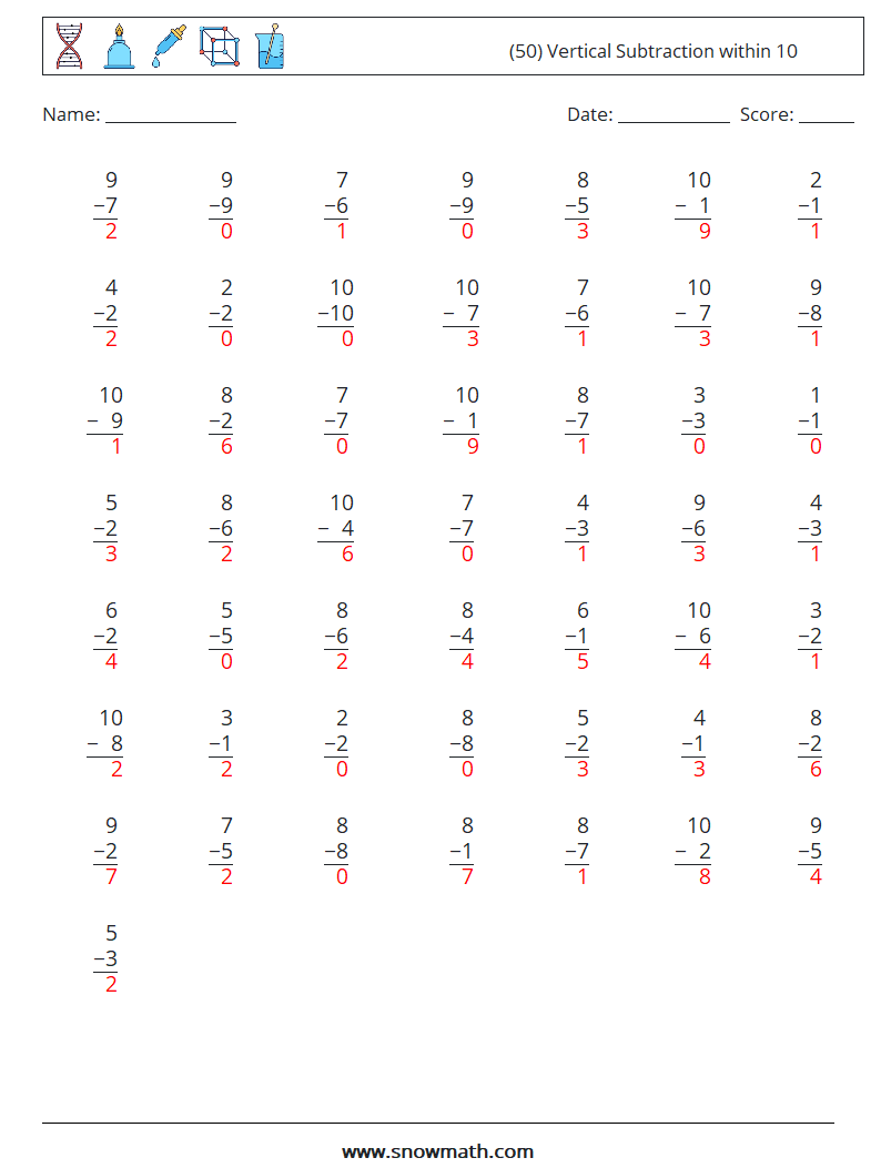 (50) Vertical Subtraction within 10 Math Worksheets 6 Question, Answer