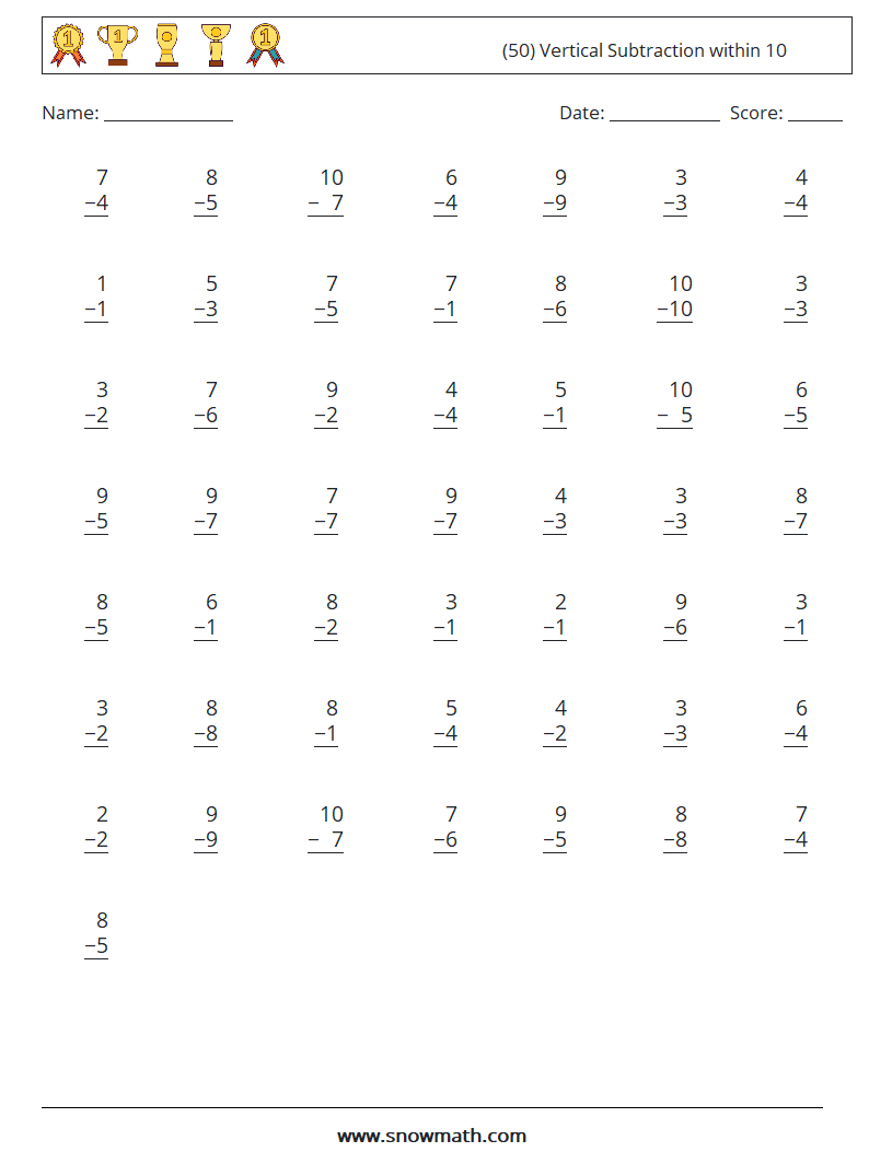 (50) Vertical Subtraction within 10 Maths Worksheets 7