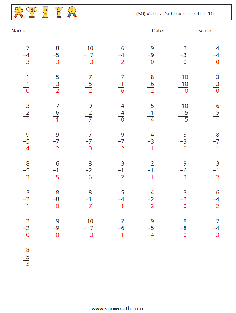 (50) Vertical Subtraction within 10 Math Worksheets 7 Question, Answer