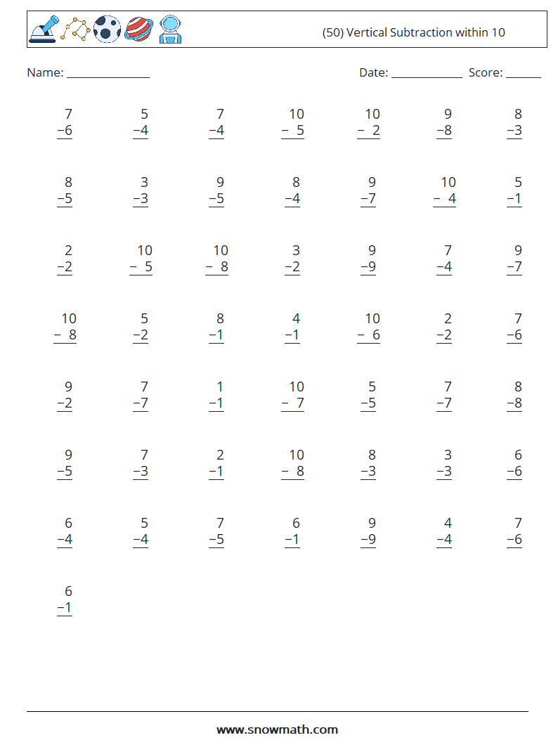 (50) Vertical Subtraction within 10 Maths Worksheets 8