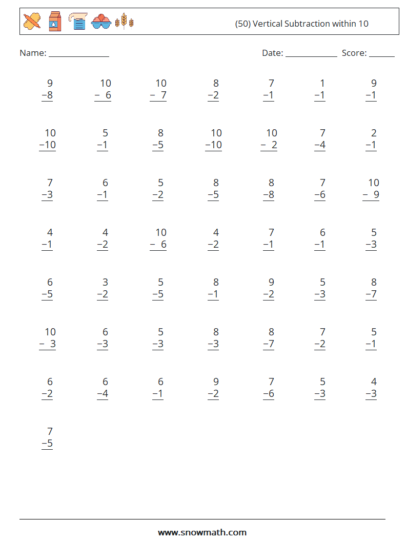 (50) Vertical Subtraction within 10 Maths Worksheets 9