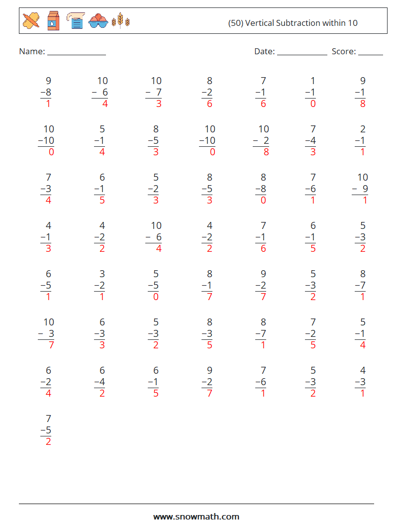 (50) Vertical Subtraction within 10 Math Worksheets 9 Question, Answer