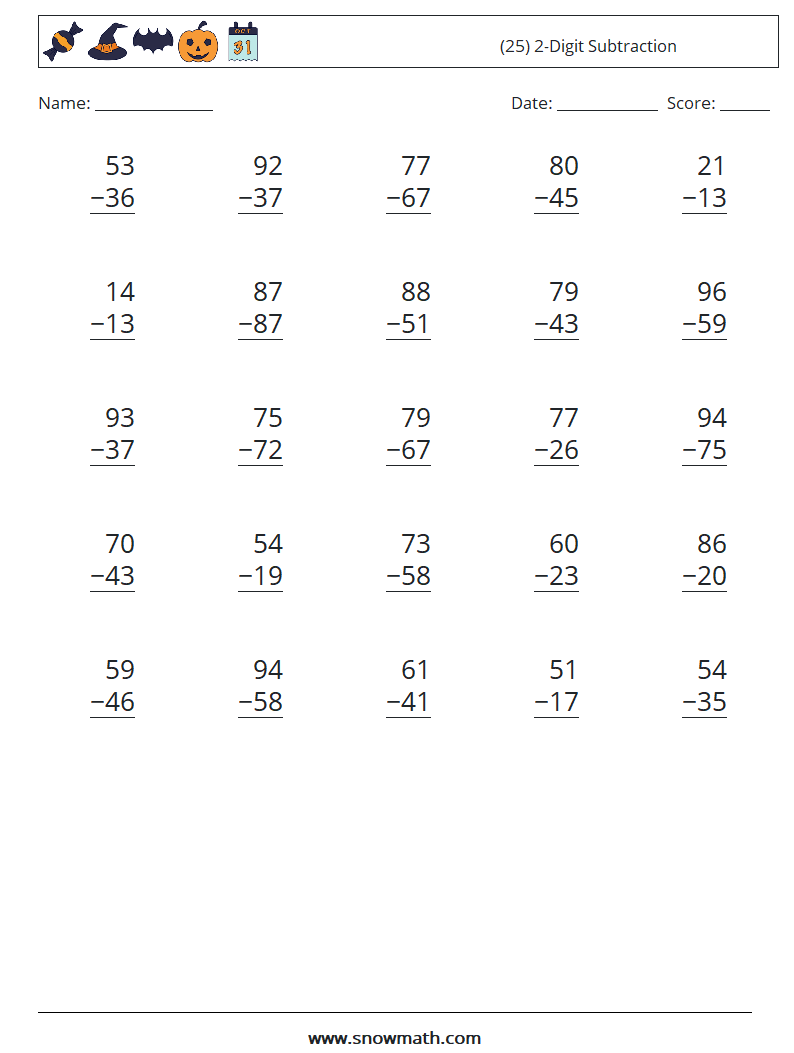 (25) 2-Digit Subtraction Maths Worksheets 10