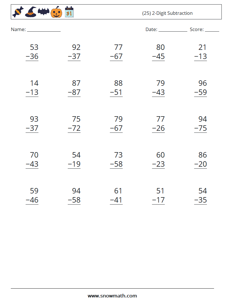 (25) 2-Digit Subtraction Math Worksheets 10