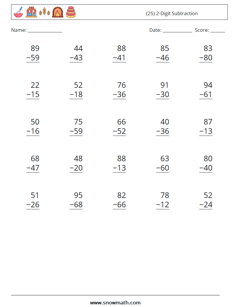 (25) 2-Digit Subtraction Math Worksheets 11