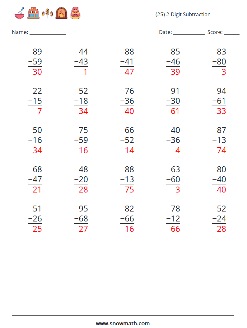 (25) 2-Digit Subtraction Math Worksheets 11 Question, Answer